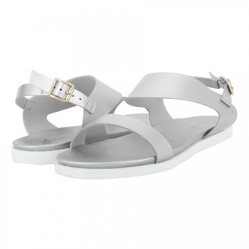 Estatos Metallic Shine Leather Open Toe Buckle Closure  Silver Flat Sandals for Women